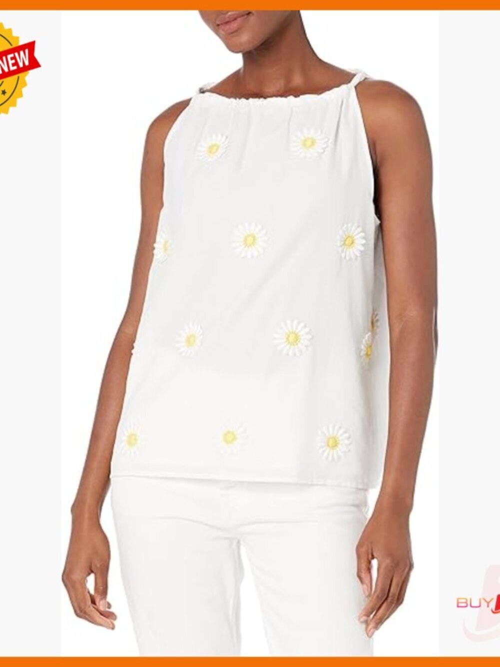 Cotton Halter Blouse with Daisy Appliques, Surplice Neckline, Back Smocking